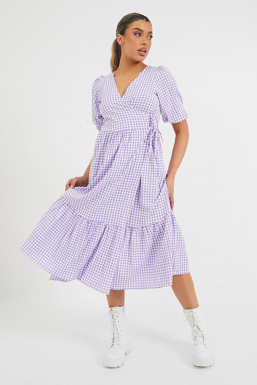 Lilac Gingham Puff Sleeve Tiered Wrap Midi Dress | Dresses | Midi dress | I  SAW IT FIRST